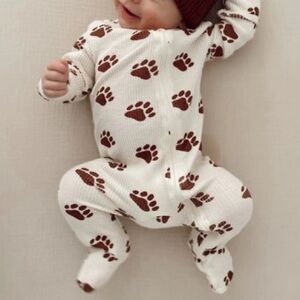 Spearmint Love Cream Organic Waffle Bear Paw Baby One-Piece Zip Footie Romper